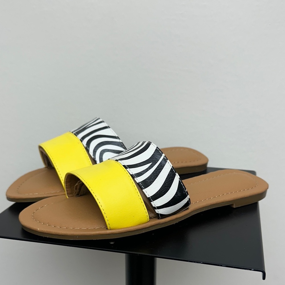 Yellow and Zebra Print Slide Sandals